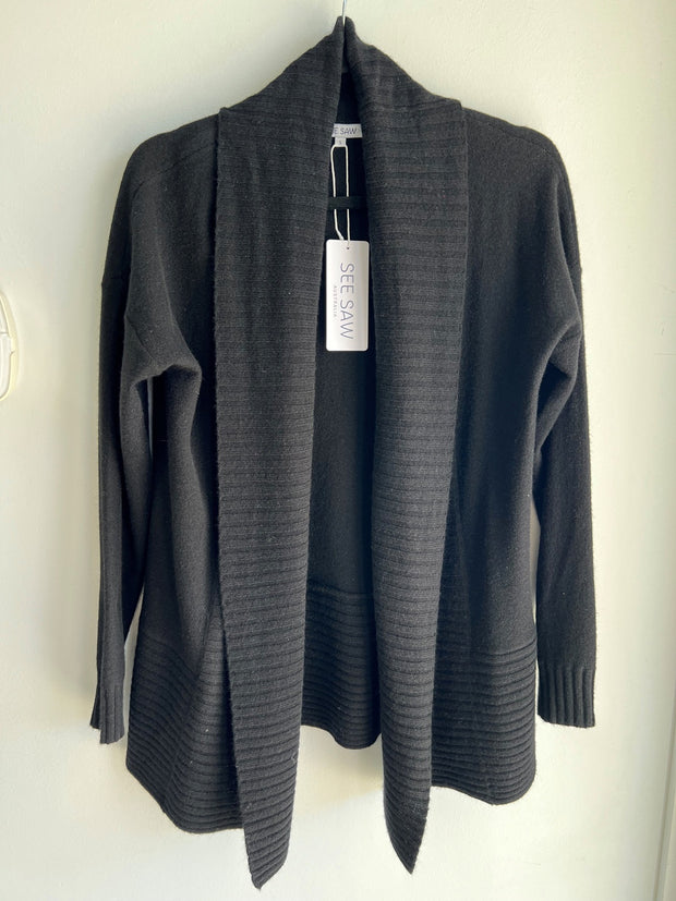 SEE SAW - Black Rib Shawl Open Cardigan - SS202