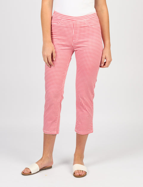 VASSALLI - Red Gingham Printed Slim Leg 7/8 Lightweight Pull On - 274LW