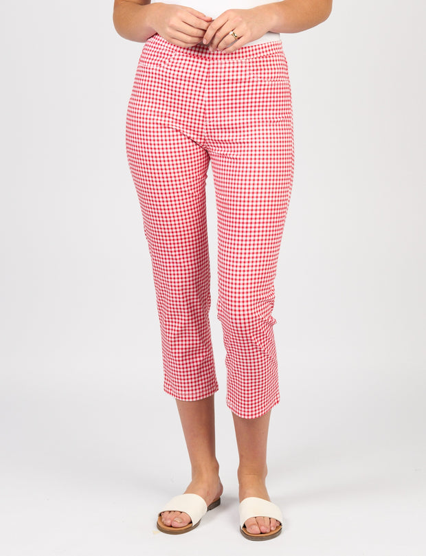 VASSALLI - Red Gingham Printed Slim Leg 7/8 Lightweight Pull On - 274LW