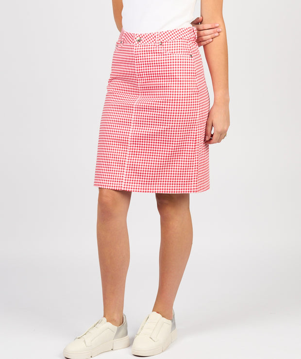 VASSALLI - Red Gingham Printed Lightweight Skirt with Centre Back Vent - 372AV