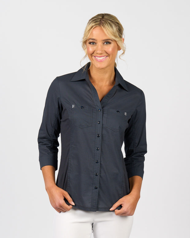 VASSALLI - Ink Plain Button Up Shirt with Rib Panels - 4032