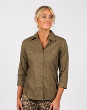 VASSALLI - Olive Plain Button Up Shirt with Rib Panels - 4032
