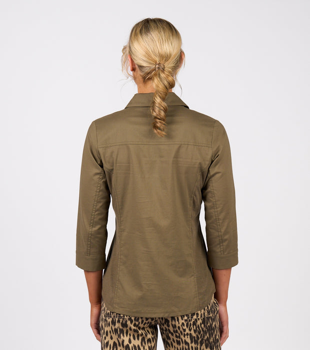 VASSALLI - Olive Plain Button Up Shirt with Rib Panels - 4032
