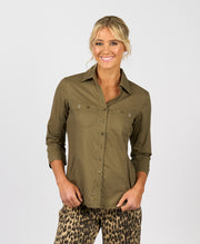VASSALLI - Olive Plain Button Up Shirt with Rib Panels - 4032