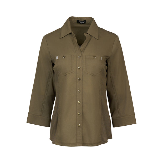 VASSALLI - Olive Plain Button Up Shirt with Rib Panels - 4032