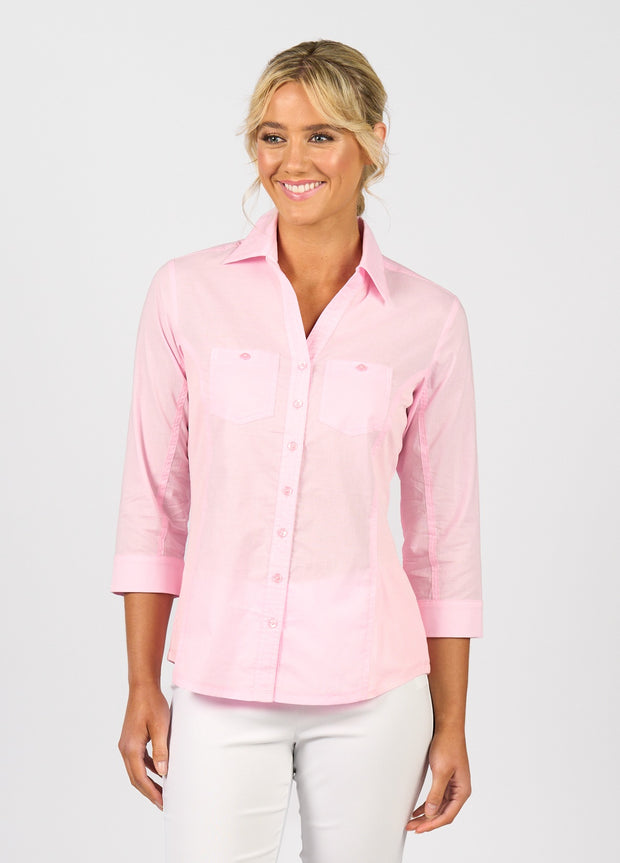 VASSALLI - Soft Pink Plain Button Up Shirt with Rib Panels - 4032