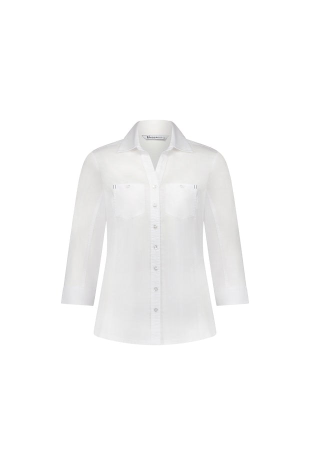 VASSALLI - White Plain Button Up Shirt with Rib Panels - 4032
