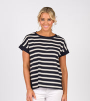VASSALLI - Ink Stripe Drop Sleeve Top with Stepped Hem - 4363S