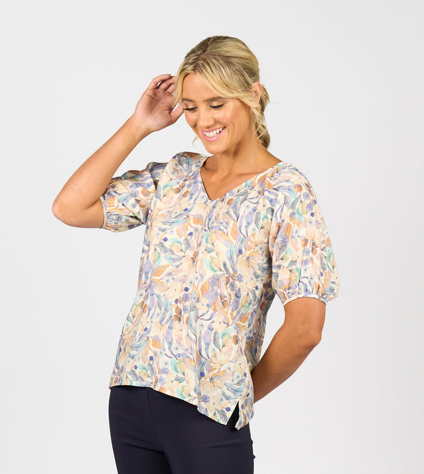 VASSALLI - Amalfi Printed V Neck Top with Floaty Sleeve - 4454P