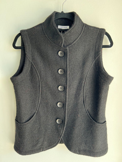 SEE SAW - Black Boiled Wool High Collar Vest - SS150