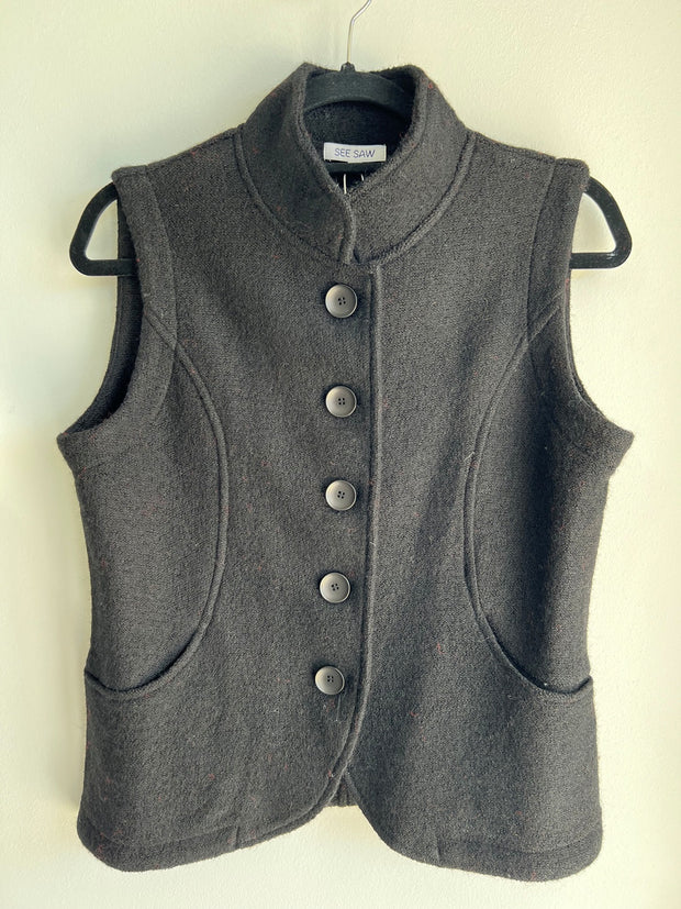 SEE SAW - Black Boiled Wool High Collar Vest - SS150